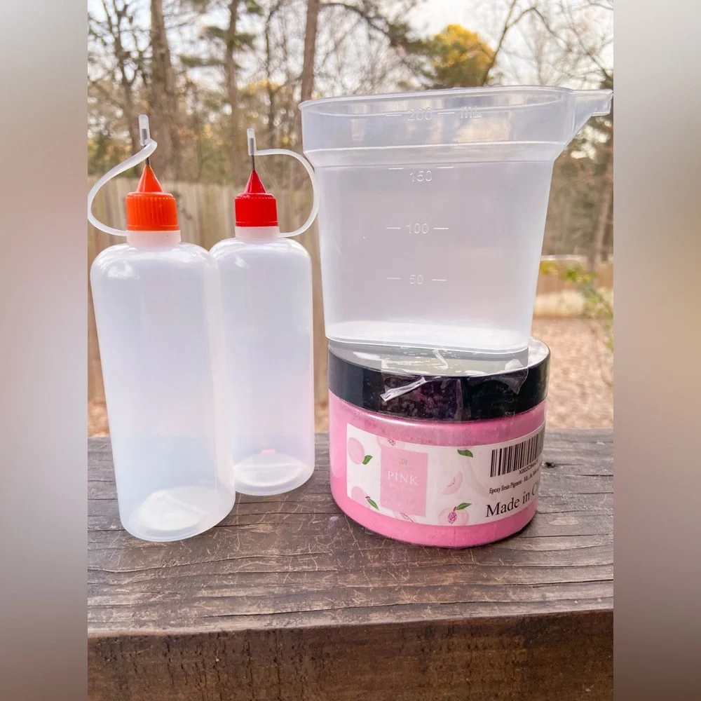 Mica Powder Pearl Pink Resin Art Pigment, Measure Cup and Needle Tip Ink Bottles